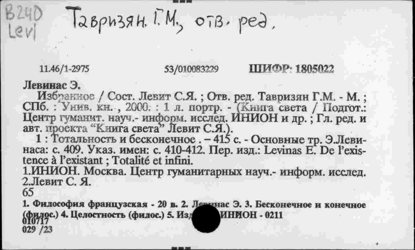 ﻿оТ|3'
53/010083229 ШИФР- 1805022
11.46/1-2975
Левинас Э.
Избранное / Сост. Левит С.Я. ; Отв. ред. Тавризян Г.М. - М. ; СПб. : Унив. кн. -, 2GC0. : 1 л. портр. - (Книга света / Подгот.: Центр туманит, науч.- инфопм. исслед. ИНИОН и др. ; Гл. ред. и авт. проекта “Книга света5’ Левит С.Я.).
1 : Тотальность и бесконечное . - 415 с. - Основные тр. ЭЛеви-наса: с. 409. Указ, имен: с. 410-412. Пер. изд.: Levinas Е. De l’existence à l’existant ; Totalité et infini.
1.	ИНИОН. Москва. Центр гуманитарных науч.- информ, исслед.
2.	Левит С. Я.
65
1. Философия французская - 20 в. 2.
u^iyjoc.) 4. Целостность (филос.) 5. Из:
029 /23
tac Э. 3. Бесконечное и конечное (ИНИОН - 0211